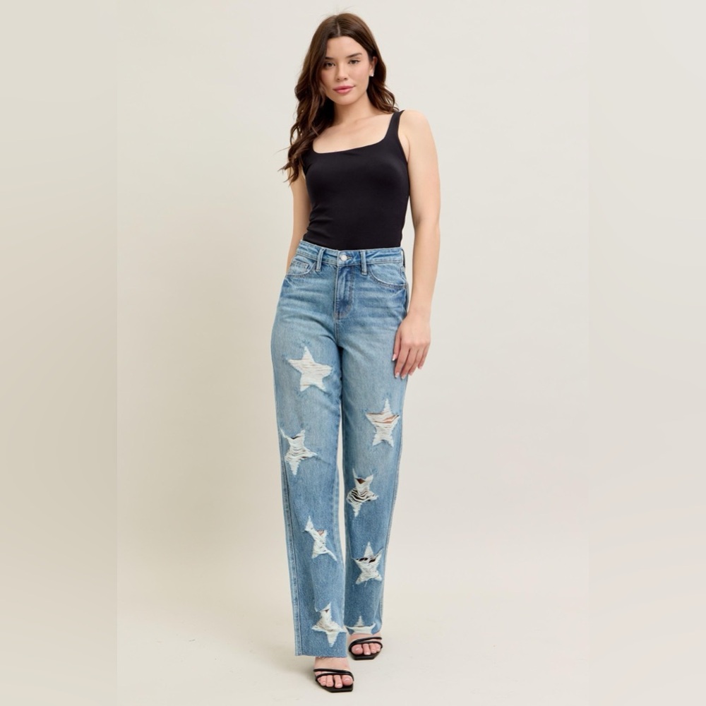 Judy Blue High Waist Rigid Magic Star Shaped Destroy 90's Straight Jeans - Picture 3 of 9
